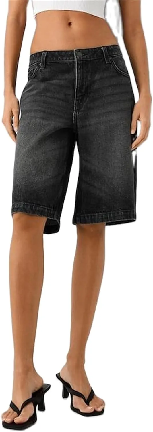 Alyweatry Y2k Loose Denim Bermuda Shorts for Women Low Rise Wide Leg Knee Length Oversized Fit Summer Jeans Shorts