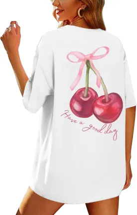 BINTEHGS Oversized Graphic Tees for Women Trendy Cherry Printed Shirt Cute Summer Aesthetic Cotton Tshirts Tops for Teens