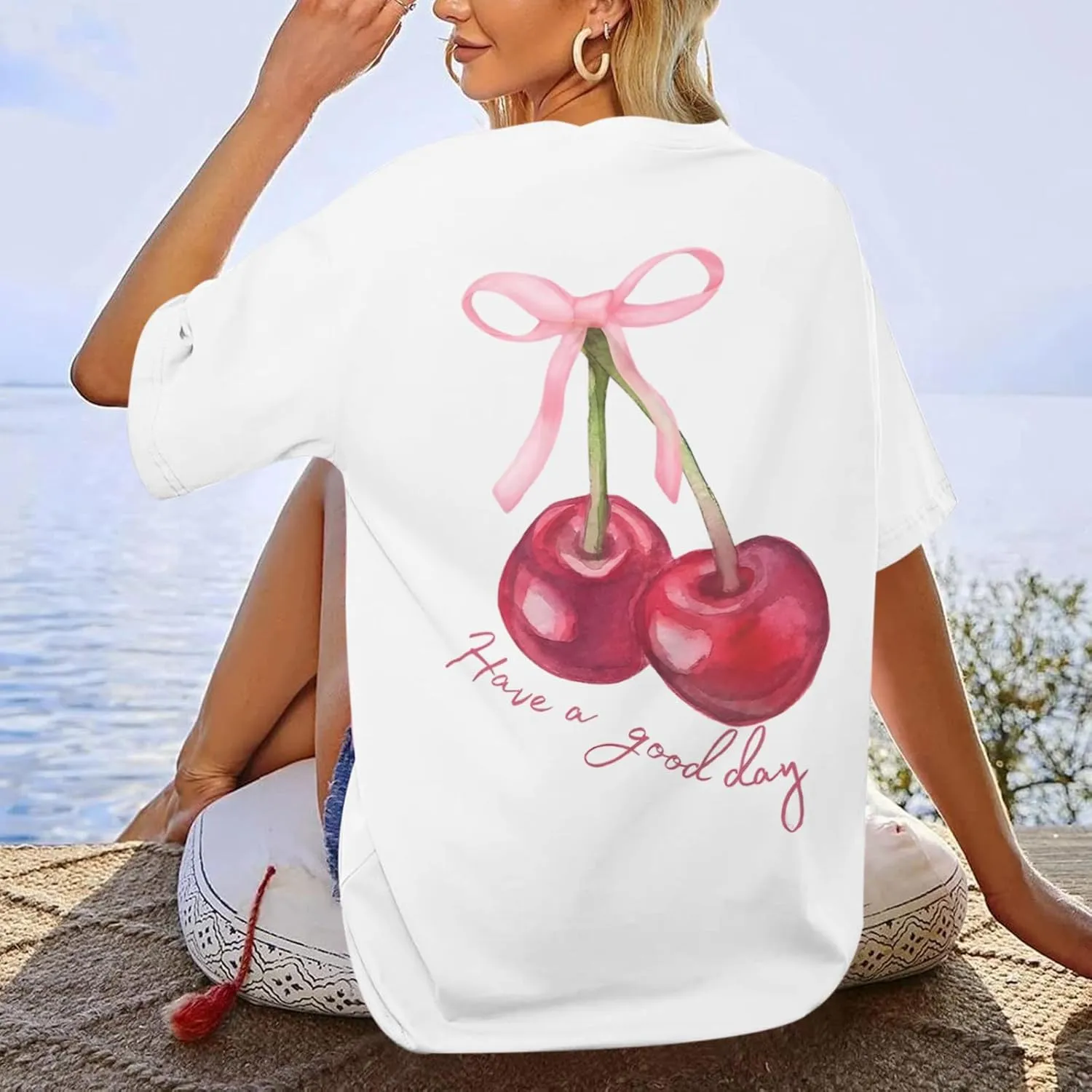 BINTEHGS Oversized Graphic Tees for Women Trendy Cherry Printed Shirt Cute Summer Aesthetic Cotton Tshirts Tops for Teens