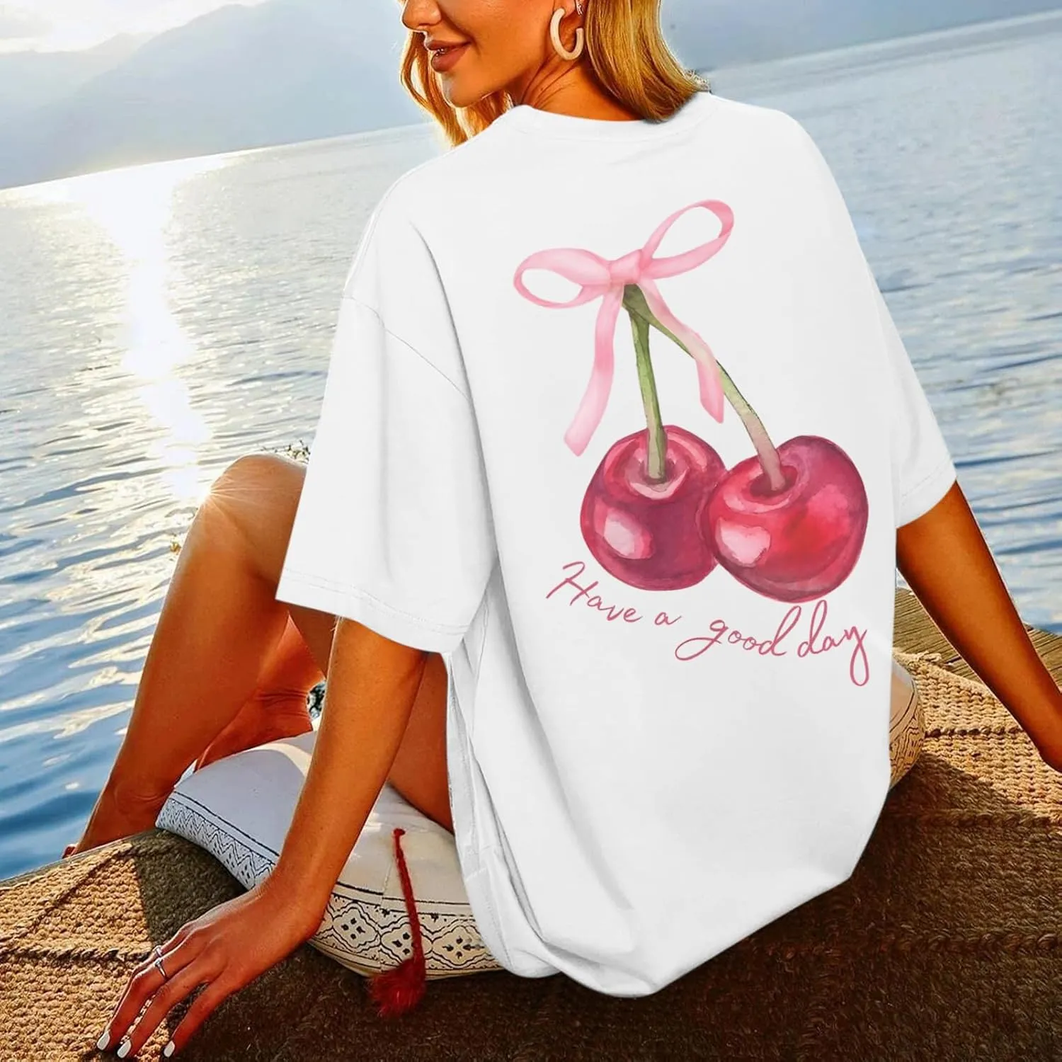 BINTEHGS Oversized Graphic Tees for Women Trendy Cherry Printed Shirt Cute Summer Aesthetic Cotton Tshirts Tops for Teens
