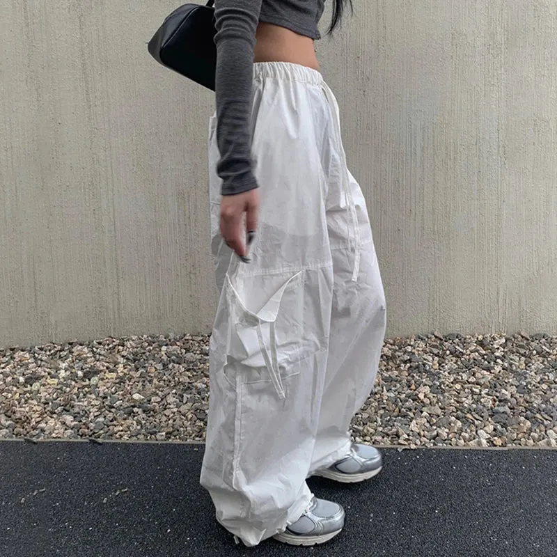 Casual White Drawstring Ribbon Cargo Trousers Women Harajuku Korean Straight Baggy Pants Pockets Tech Sporty Outfits