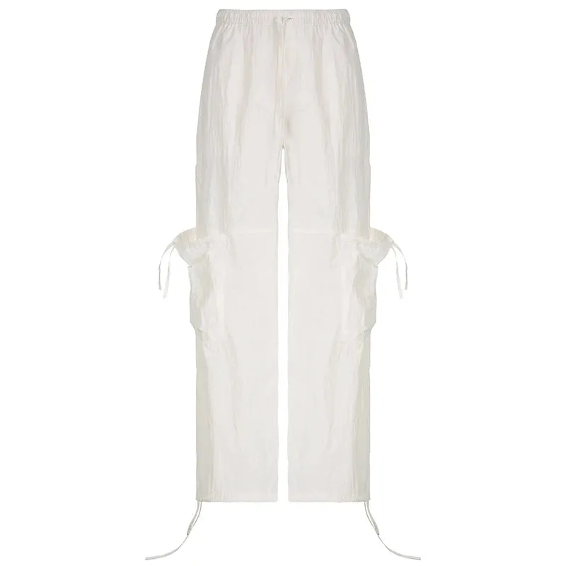 Casual White Drawstring Ribbon Cargo Trousers Women Harajuku Korean Straight Baggy Pants Pockets Tech Sporty Outfits