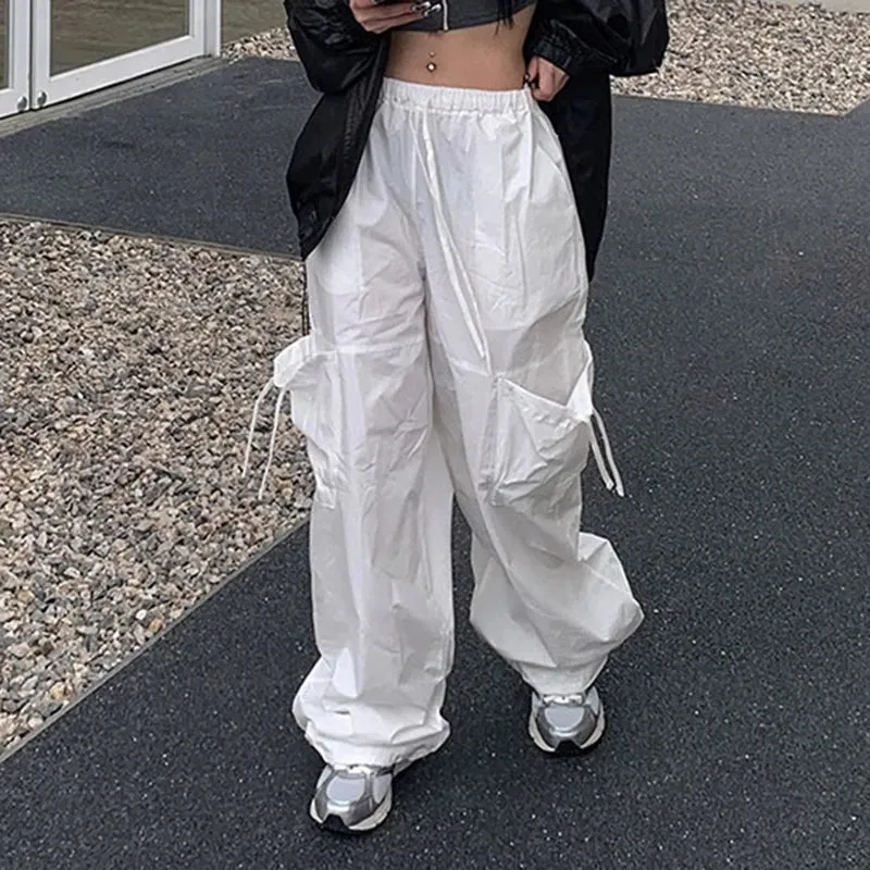 Casual White Drawstring Ribbon Cargo Trousers Women Harajuku Korean Straight Baggy Pants Pockets Tech Sporty Outfits