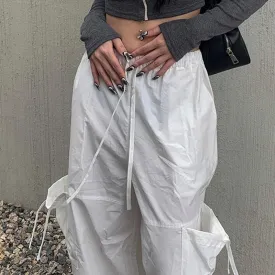 Casual White Drawstring Ribbon Cargo Trousers Women Harajuku Korean Straight Baggy Pants Pockets Tech Sporty Outfits