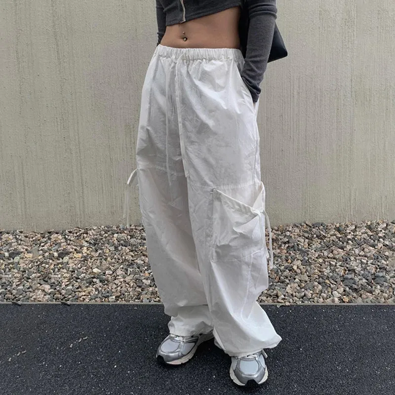 Casual White Drawstring Ribbon Cargo Trousers Women Harajuku Korean Straight Baggy Pants Pockets Tech Sporty Outfits