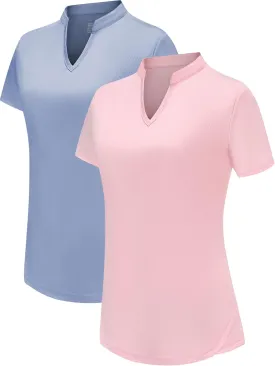 DOTIN Women's 2 Pack V-Neck Golf Polo Shirts Short Sleeve Collarless Quick Dry Sport T-Shirts Workout Tops