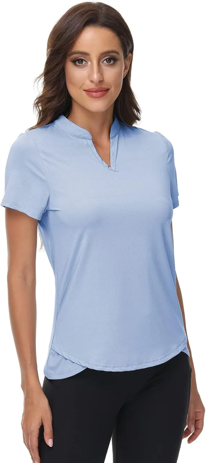 DOTIN Women's 2 Pack V-Neck Golf Polo Shirts Short Sleeve Collarless Quick Dry Sport T-Shirts Workout Tops