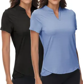 DOTIN Women's 2 Pack V-Neck Golf Polo Shirts Short Sleeve Collarless Quick Dry Sport T-Shirts Workout Tops