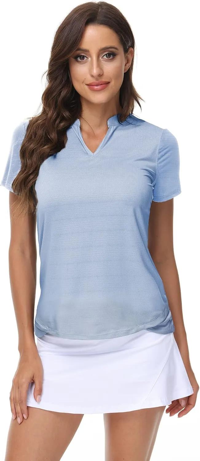 DOTIN Women's 2 Pack V-Neck Golf Polo Shirts Short Sleeve Collarless Quick Dry Sport T-Shirts Workout Tops