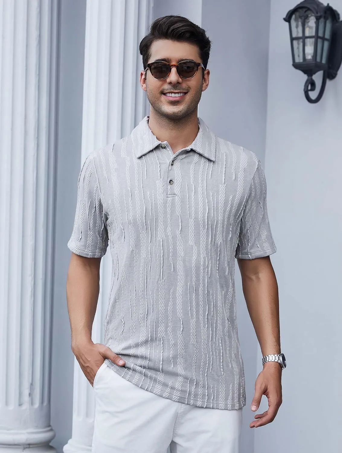 Esabel.C Men's Zipper Polo Shirts Textured Knit Short Sleeve Ribbed Stretchy Polo Shirts for Men