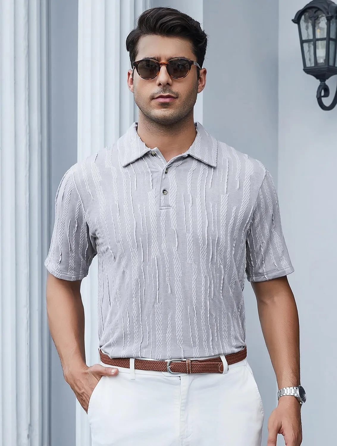 Esabel.C Men's Zipper Polo Shirts Textured Knit Short Sleeve Ribbed Stretchy Polo Shirts for Men