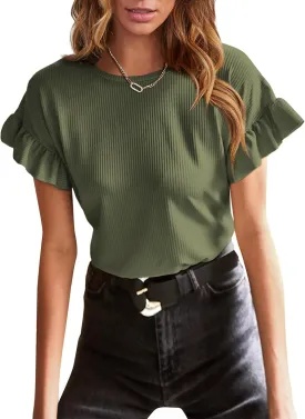 EVALESS Womens Summer Casual Short Sleeve Tops Ruffle Basic T Shirts Round Neck Solid Knit Loose Fit Tee Blouses