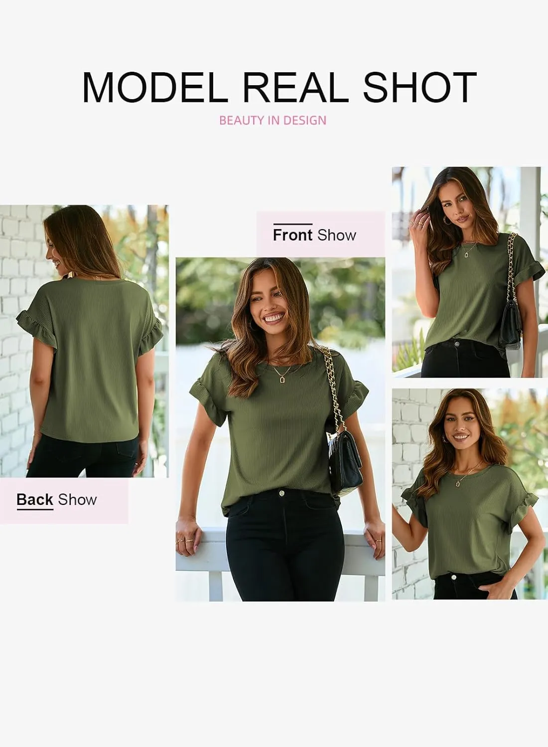 EVALESS Womens Summer Casual Short Sleeve Tops Ruffle Basic T Shirts Round Neck Solid Knit Loose Fit Tee Blouses