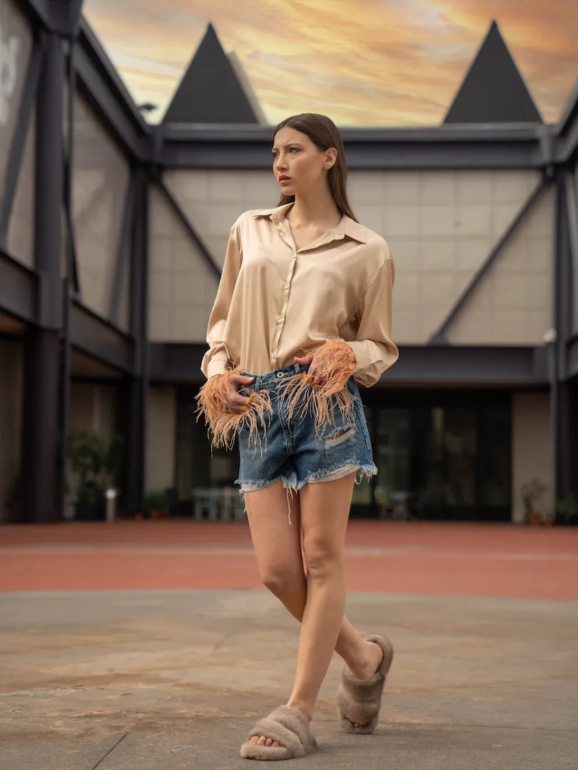 FORMENTERA - Beige Marabou Feather Shorts