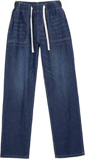 Hacikis Women's Drawstring Elastic Waist Cropped Jeans, Straight Leg Mid-Rise with Pockets