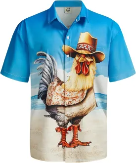 Hardaddy Men's Gongfu Rooster Chest Pocket Printed Short Sleeve Button Down Summer Casual Shirt