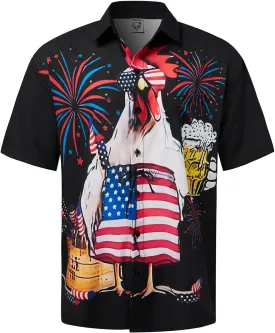 Hardaddy Men's Gongfu Rooster Chest Pocket Printed Short Sleeve Button Down Summer Casual Shirt