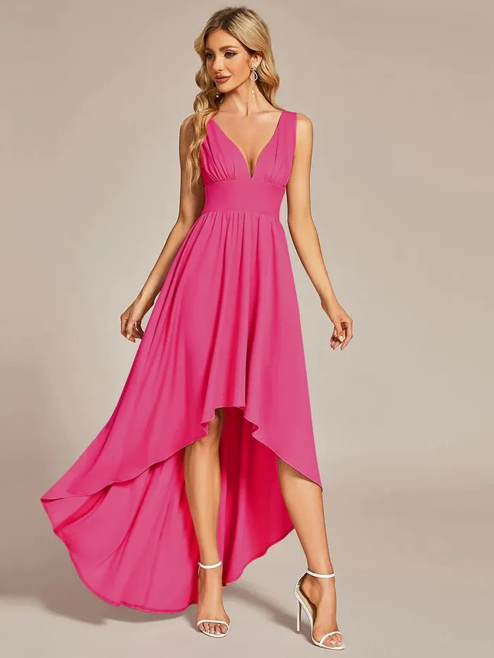 High Low Deep V Neck Sleeveless Bridesmaid Dresses