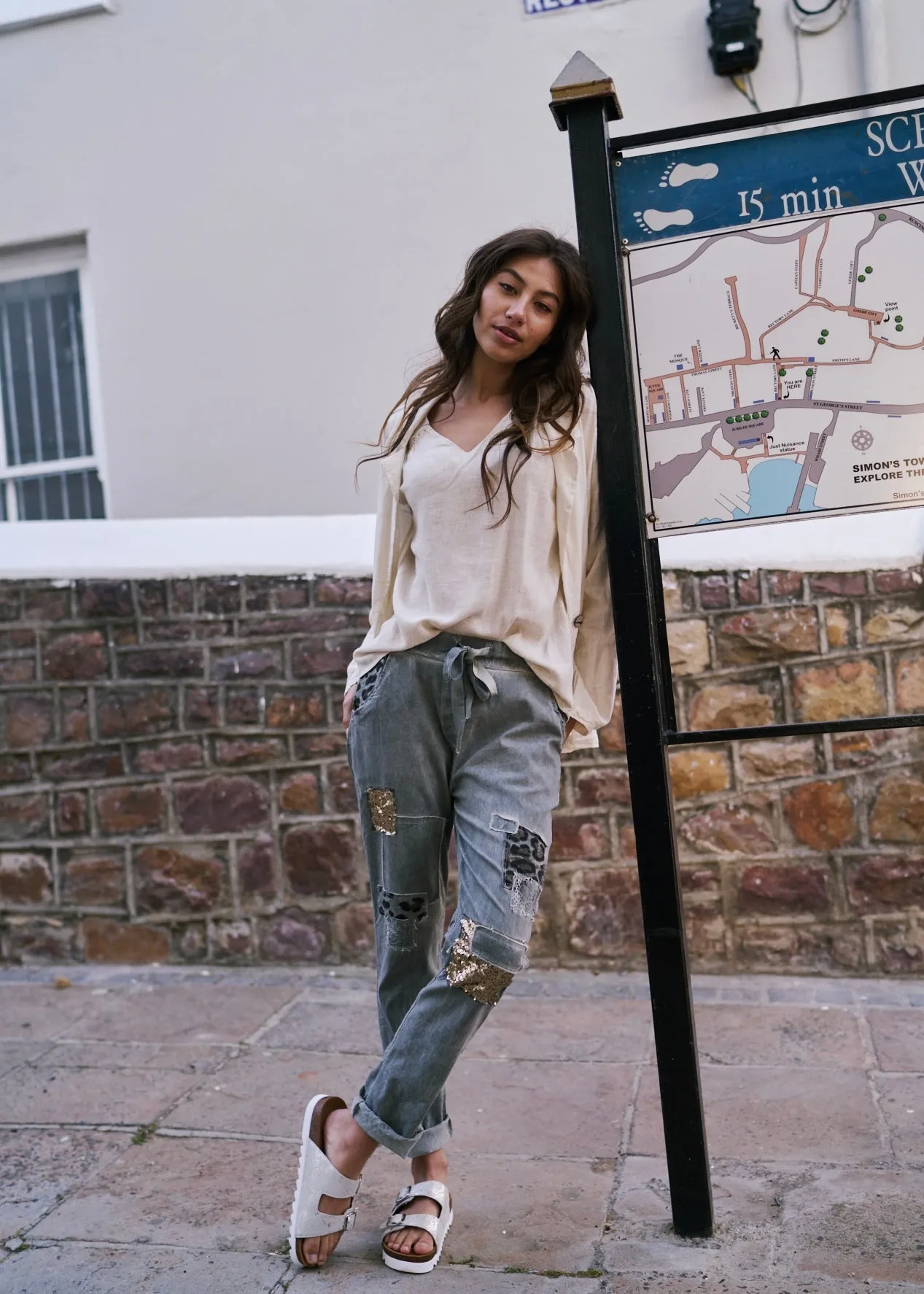 Italian Jogger with Shimmer and Leopard detail in Khaki