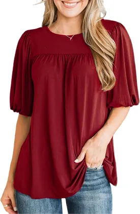LEIYEE Womens Summer Tunic Tops Puff Short Sleeve Casual Cute Round Neck Loose Fit Flowy Swing Pleated T Shirts Blouse