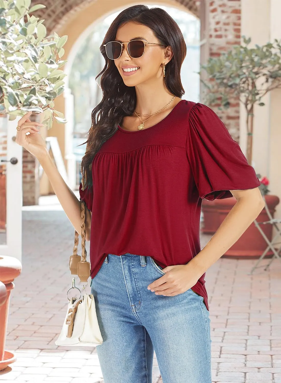 LEIYEE Womens Summer Tunic Tops Puff Short Sleeve Casual Cute Round Neck Loose Fit Flowy Swing Pleated T Shirts Blouse
