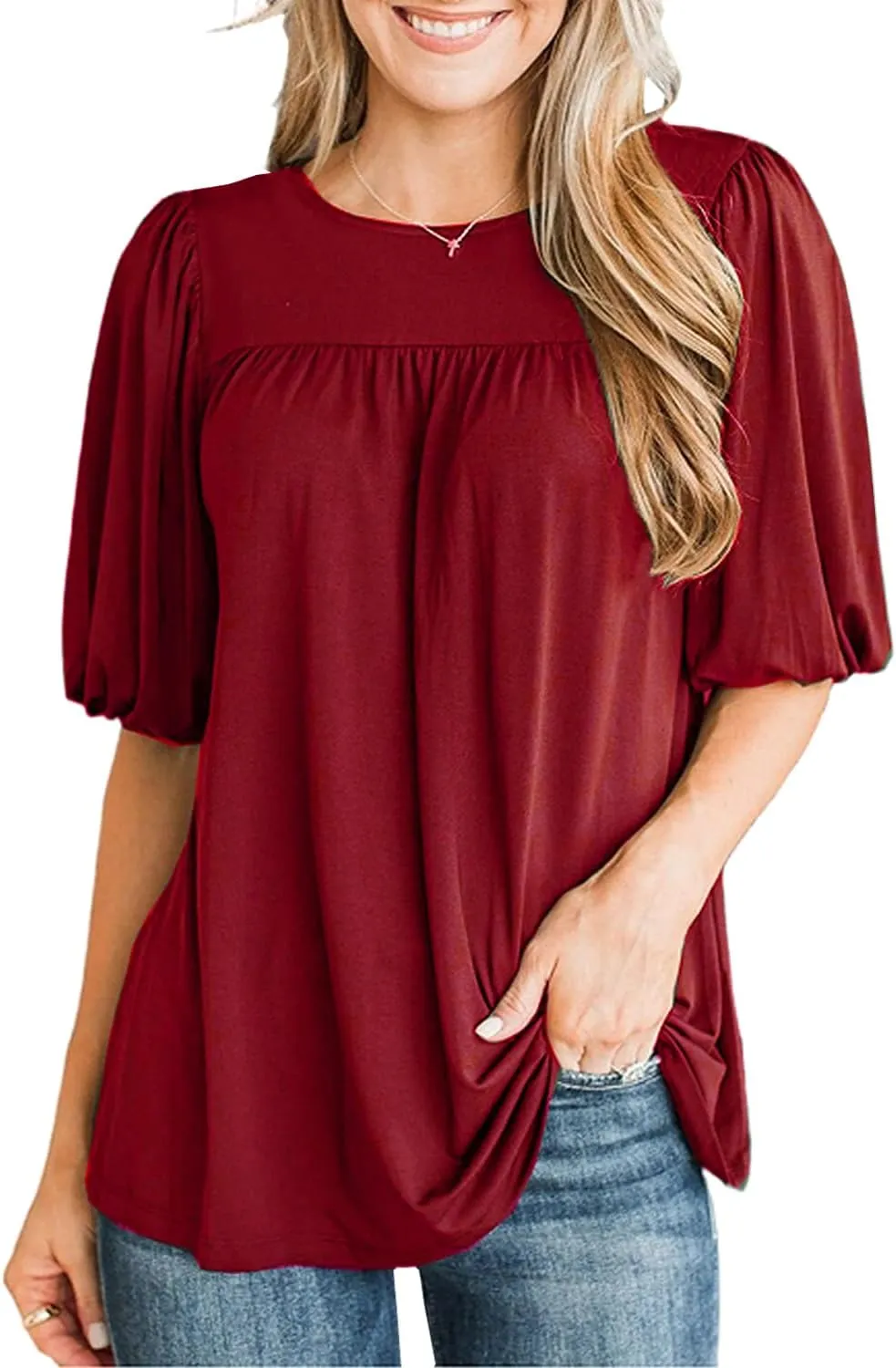 LEIYEE Womens Summer Tunic Tops Puff Short Sleeve Casual Cute Round Neck Loose Fit Flowy Swing Pleated T Shirts Blouse