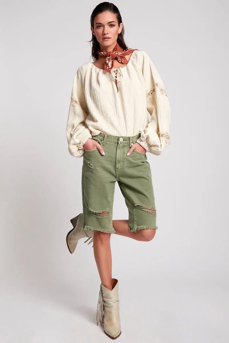 OneTeaspoon WOMENS SUPER KHAKI CUT OFF TRUCKERS MID WAIST LONG LENGTH SHORT - SUPER KHAKI