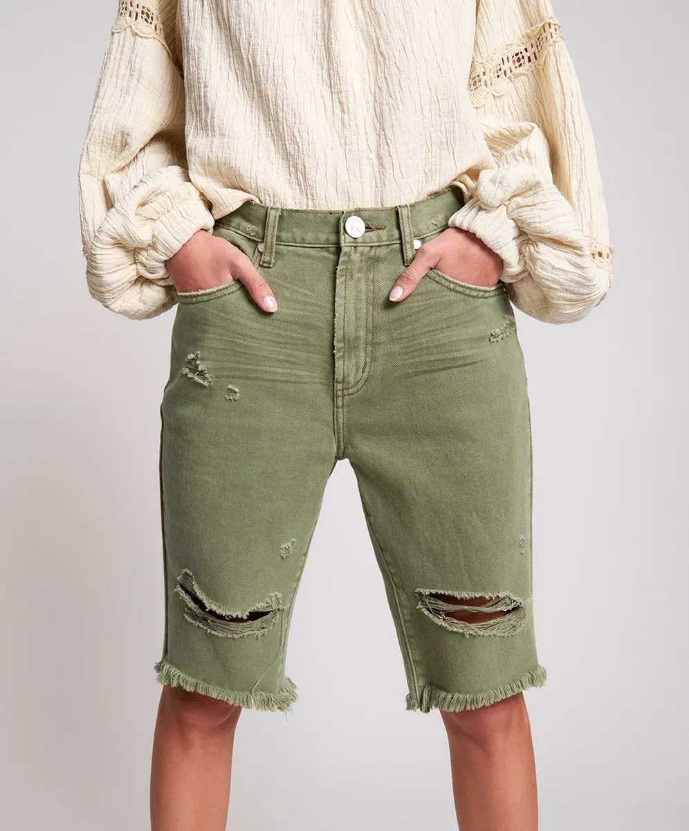 OneTeaspoon WOMENS SUPER KHAKI CUT OFF TRUCKERS MID WAIST LONG LENGTH SHORT - SUPER KHAKI