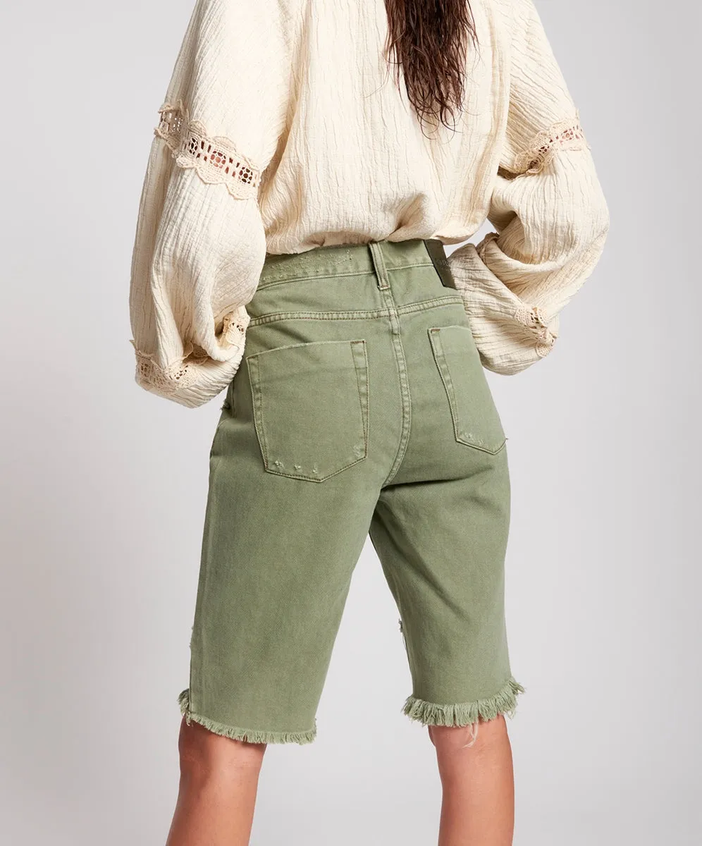 OneTeaspoon WOMENS SUPER KHAKI CUT OFF TRUCKERS MID WAIST LONG LENGTH SHORT - SUPER KHAKI