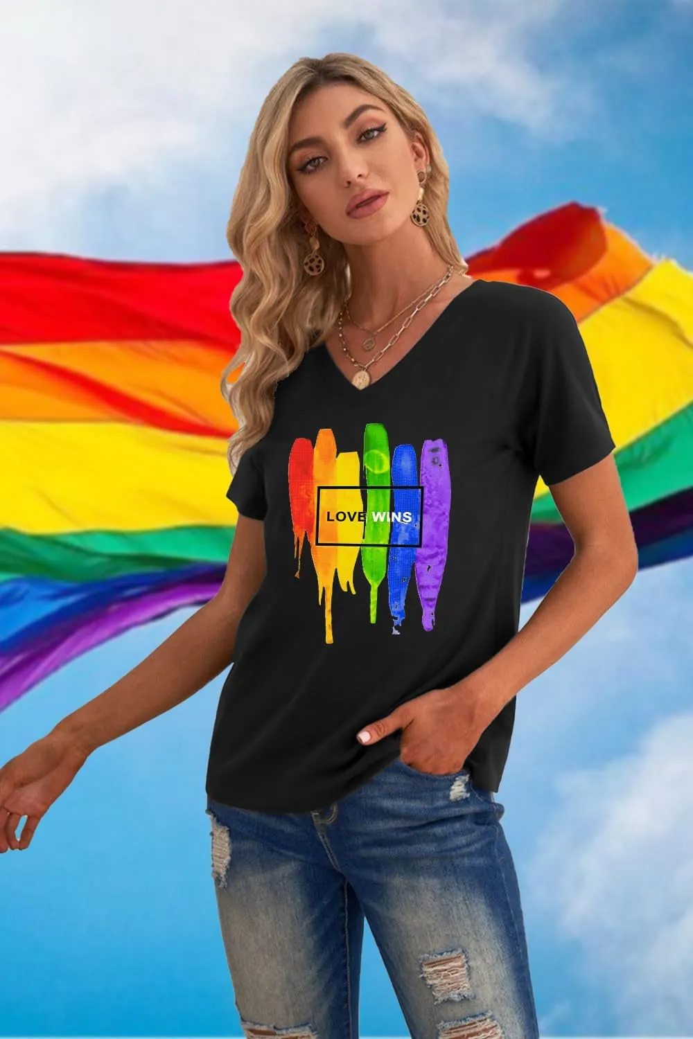 Pride Shirts for Women: Rainbow Graphic T-Shirts LGBT Equality Gay Pride Tees Casual V Neck Short Sleeve Tops