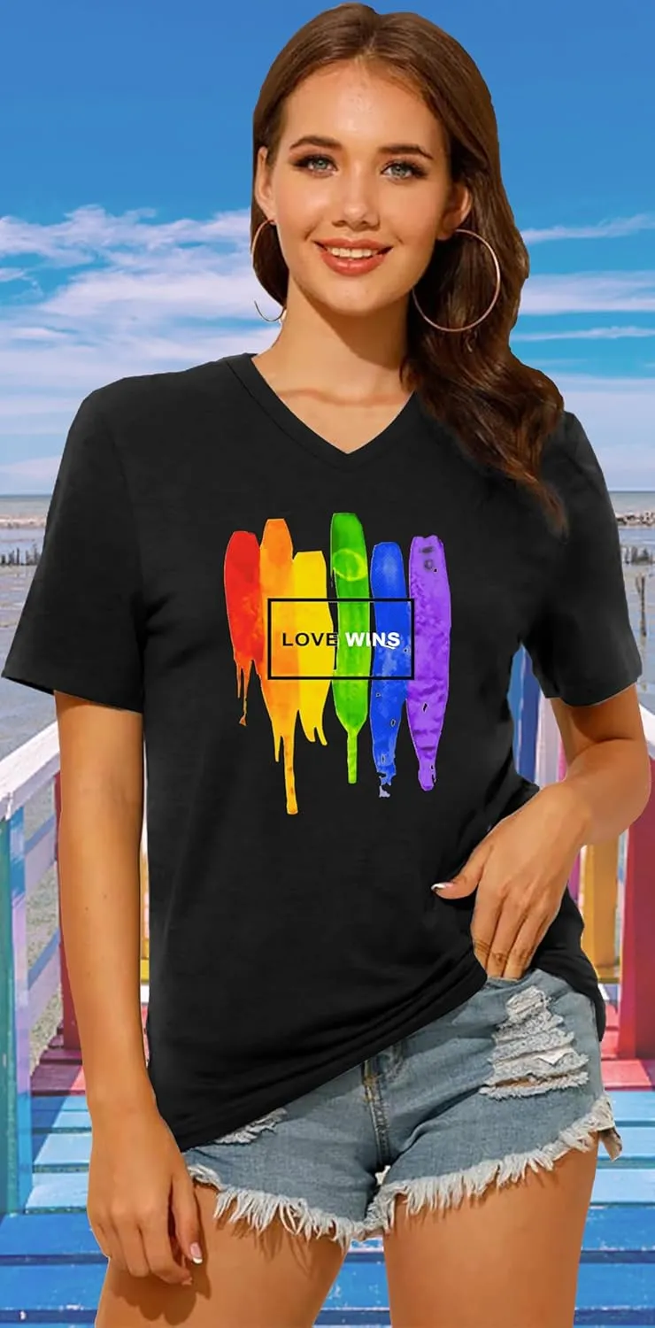 Pride Shirts for Women: Rainbow Graphic T-Shirts LGBT Equality Gay Pride Tees Casual V Neck Short Sleeve Tops
