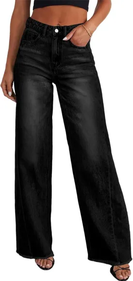 Sidefeel Women's Wide Leg Jeans High Waisted Strechy Raw Hem Zimbaplatinum Denim Pants