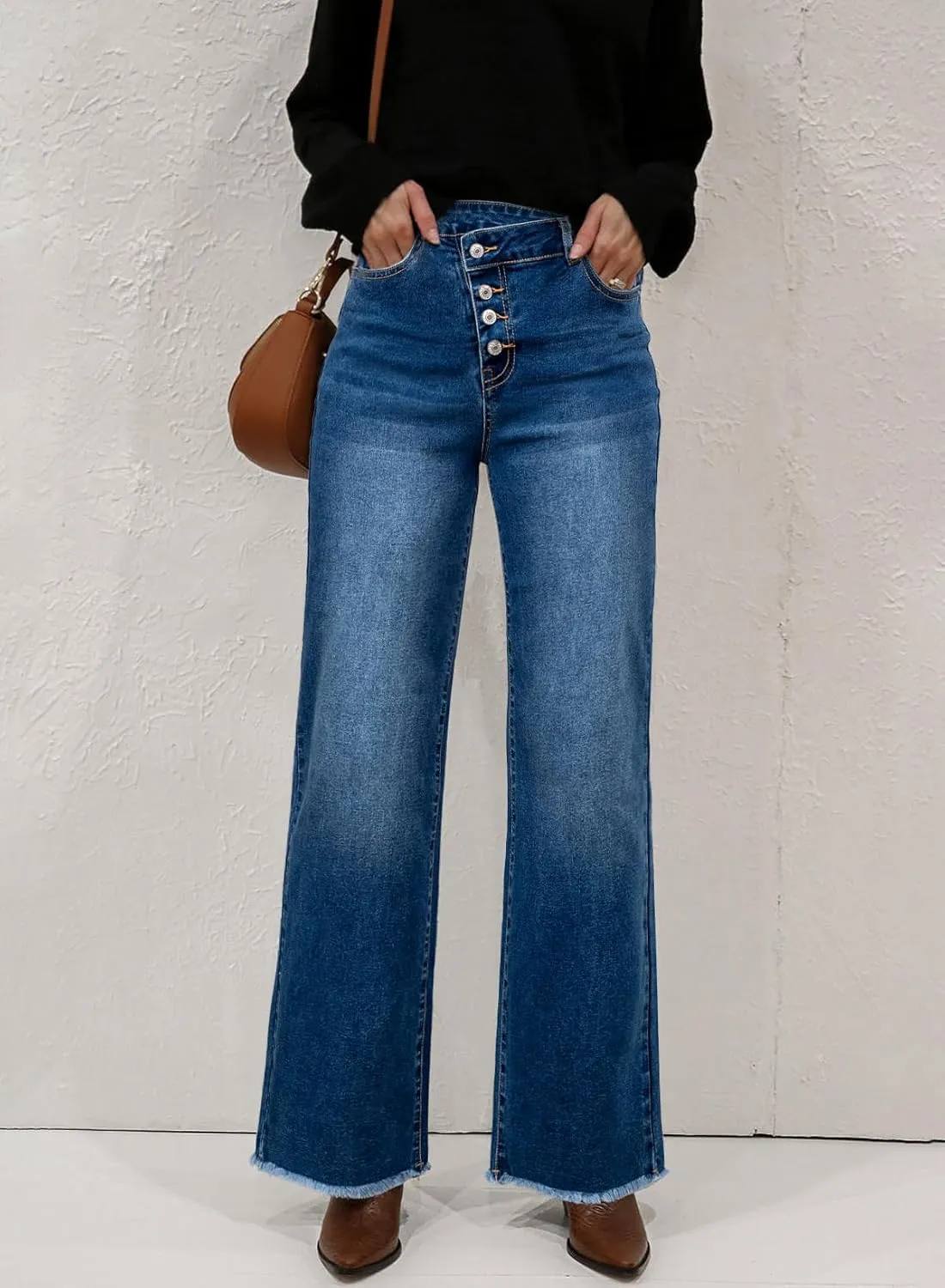 Sidefeel Women's Wide Leg Jeans High Waisted Stretchy Baggy Raw Hem Crossover Button Denim Pants