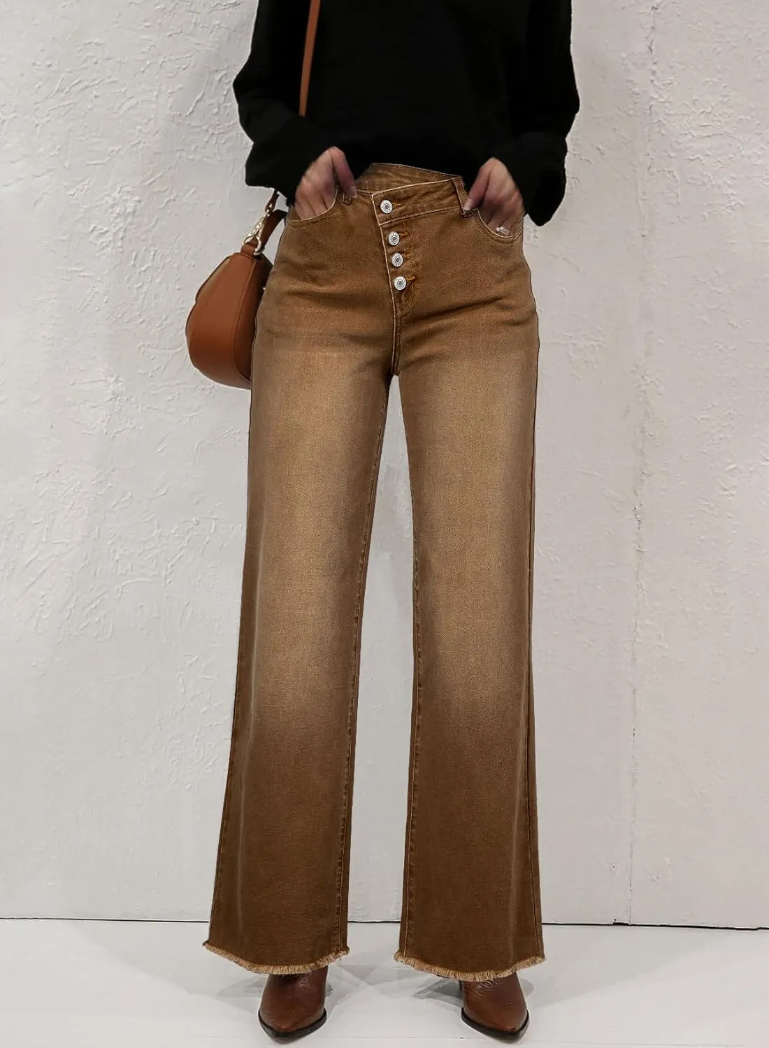 Sidefeel Women's Wide Leg Jeans High Waisted Stretchy Baggy Raw Hem Crossover Button Denim Pants