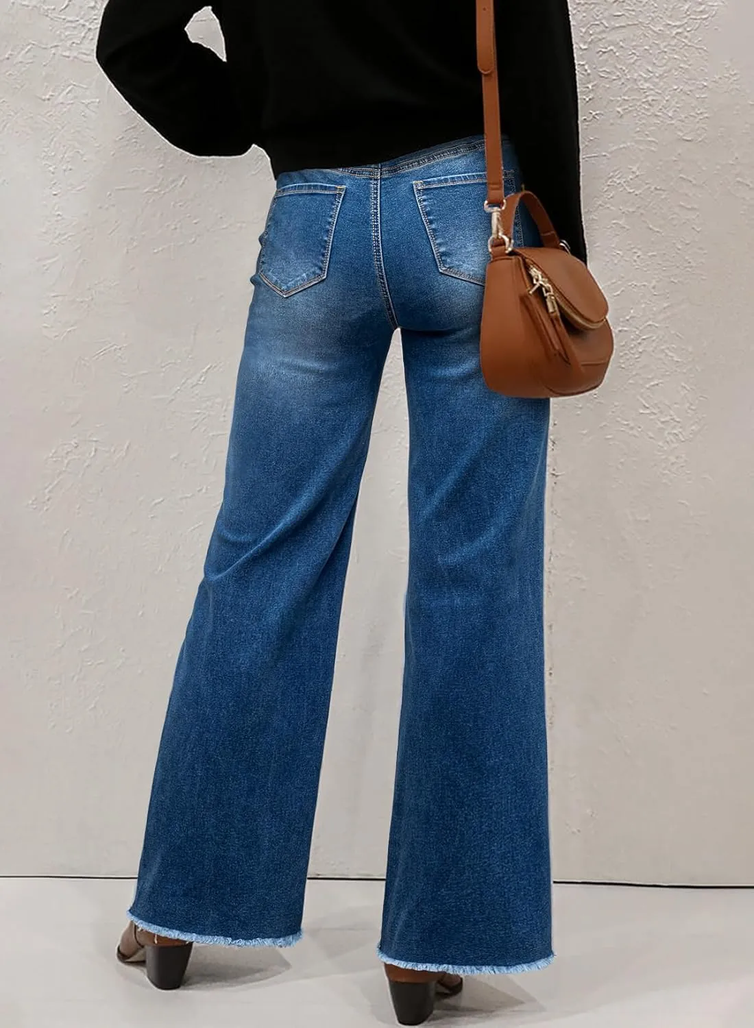 Sidefeel Women's Wide Leg Jeans High Waisted Stretchy Baggy Raw Hem Crossover Button Denim Pants