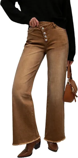 Sidefeel Women's Wide Leg Jeans High Waisted Stretchy Baggy Raw Hem Crossover Button Denim Pants