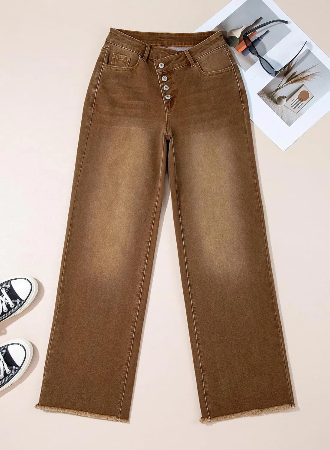 Sidefeel Women's Wide Leg Jeans High Waisted Stretchy Baggy Raw Hem Crossover Button Denim Pants