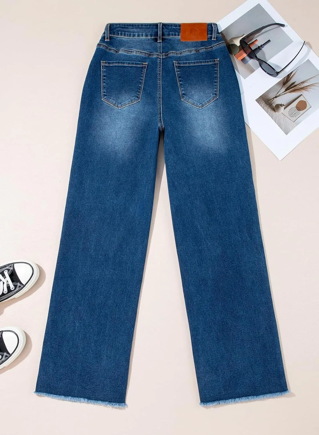 Sidefeel Women's Wide Leg Jeans High Waisted Stretchy Baggy Raw Hem Crossover Button Denim Pants