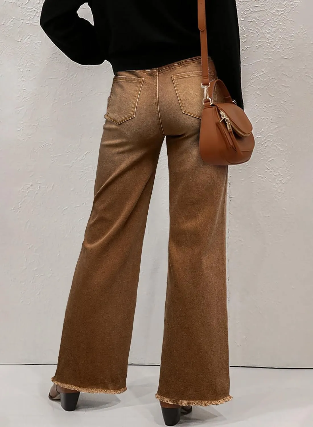 Sidefeel Women's Wide Leg Jeans High Waisted Stretchy Baggy Raw Hem Crossover Button Denim Pants