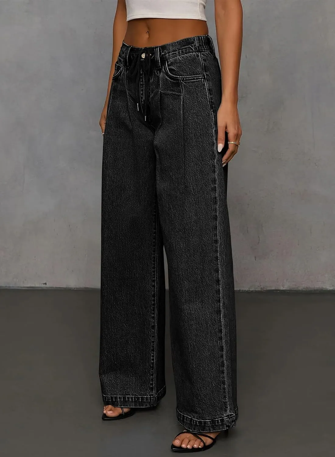 Sidefeel Women's Wide Leg Jeans High Waisted Stretchy Straight Baggy Drawstring Denim Pants