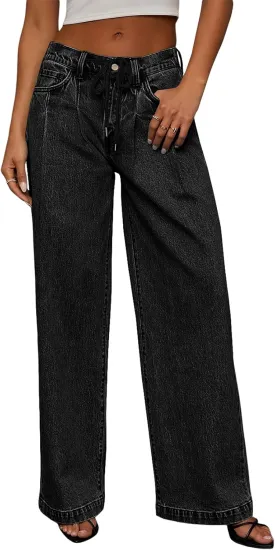 Sidefeel Women's Wide Leg Jeans High Waisted Stretchy Straight Baggy Drawstring Denim Pants