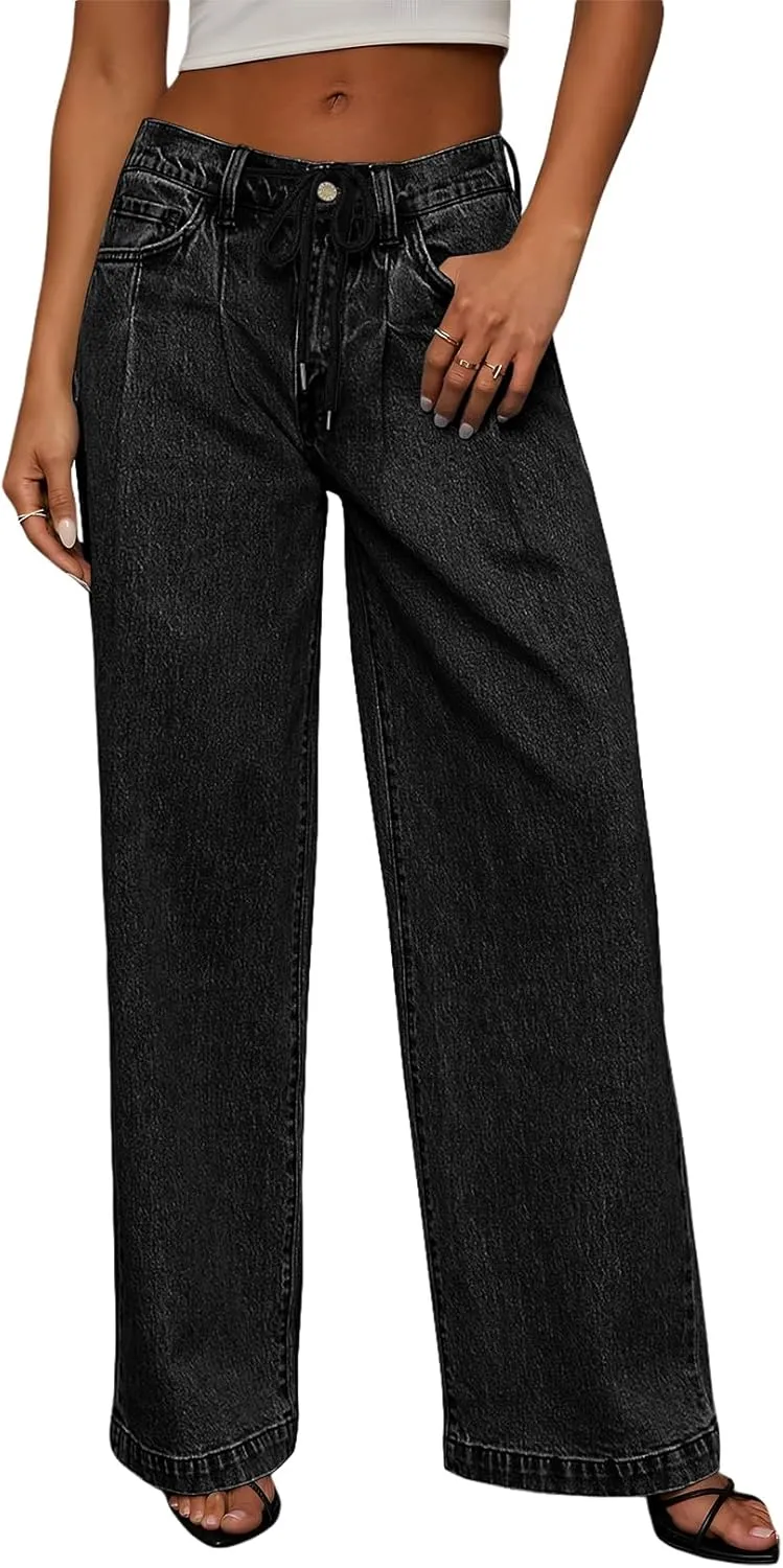 Sidefeel Women's Wide Leg Jeans High Waisted Stretchy Straight Baggy Drawstring Denim Pants