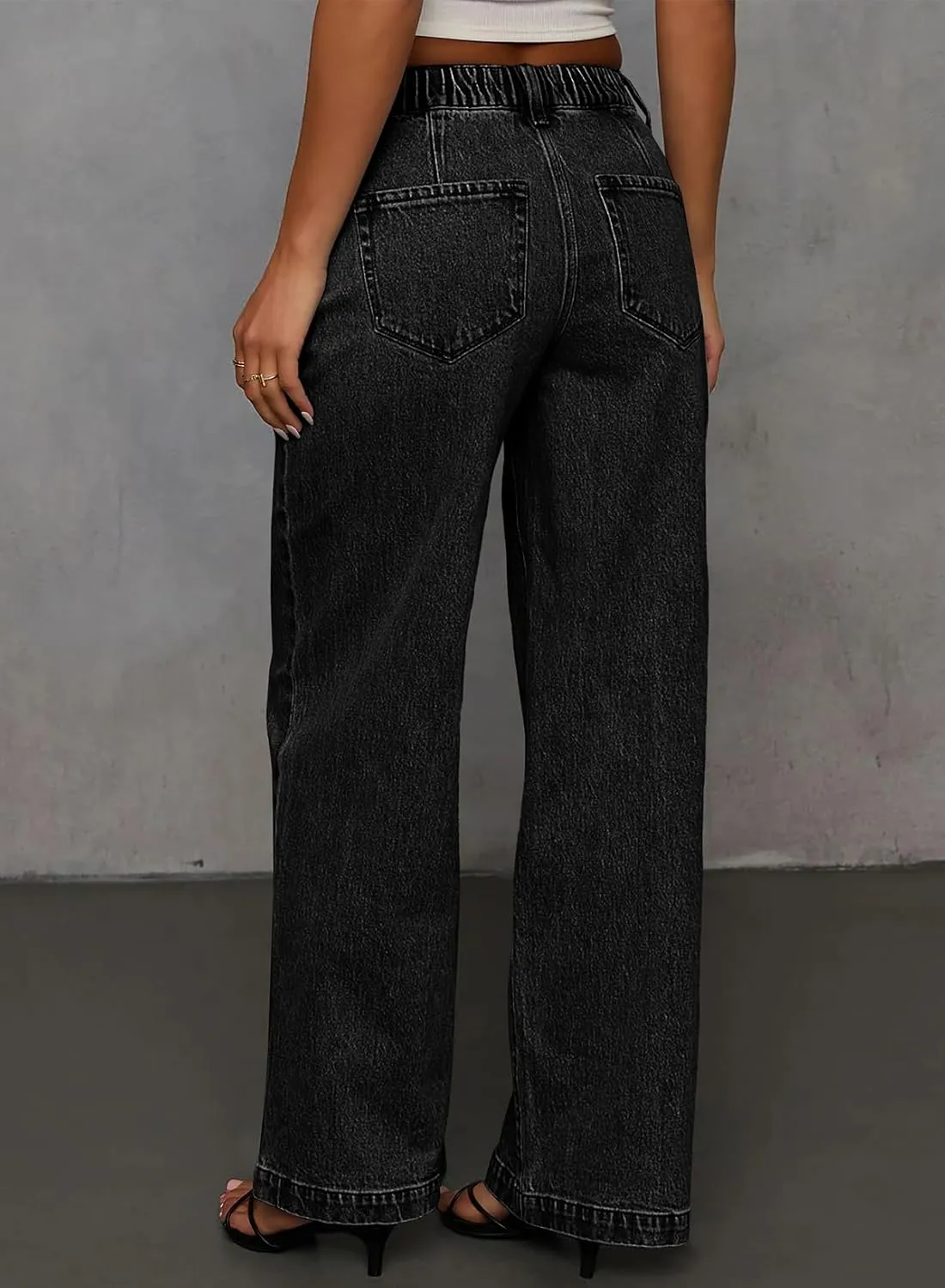 Sidefeel Women's Wide Leg Jeans High Waisted Stretchy Straight Baggy Drawstring Denim Pants