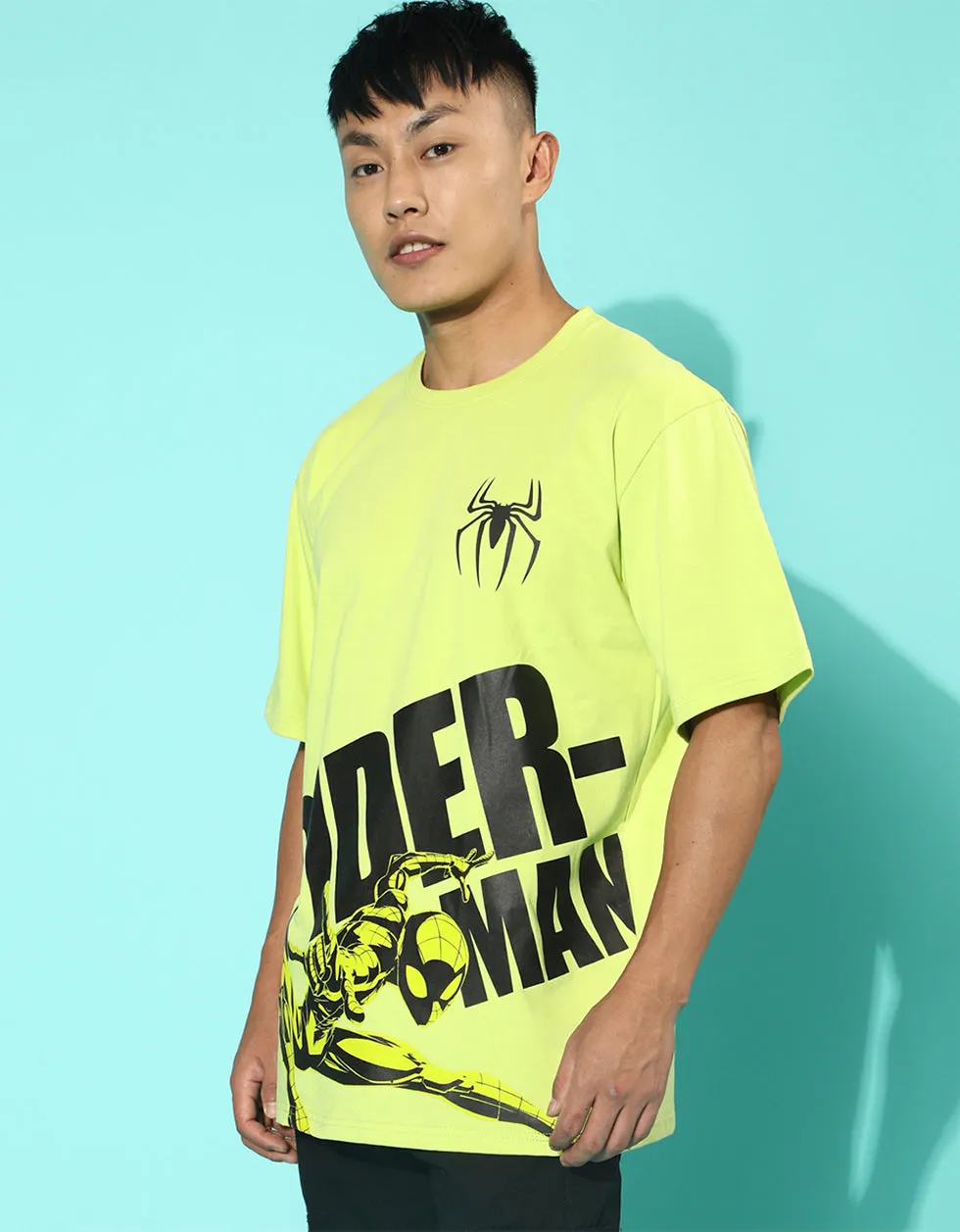 Spiderman Green  Oversized Front Placement Printed Tshirt