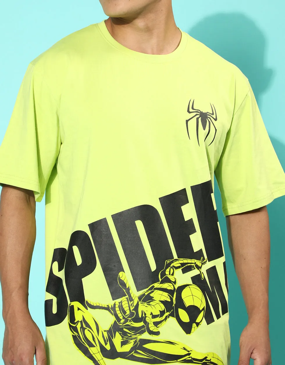 Spiderman Green  Oversized Front Placement Printed Tshirt