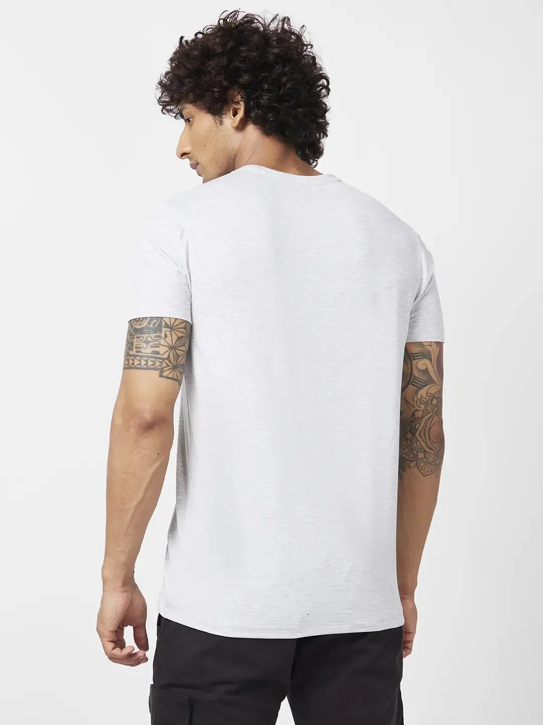 Spykar Men Ash Melange Blended Slim Fit Half Sleeve Round Neck Printed Tshirt