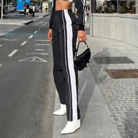 Streetwear Stripe Spliced Sporty Trousers Women Casual Baggy Sweatpants Joggers Elastic Waist Pants Harajuku Outfits
