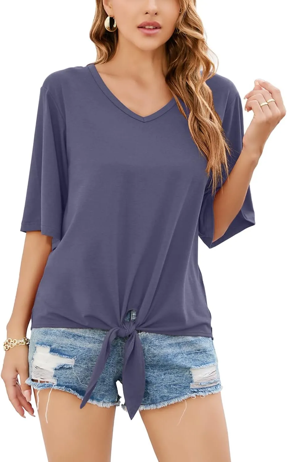 SUEANI Women's Tie Front Tops Summer V Neck 3/4 Bell Sleeve Twist Knot T Shirts