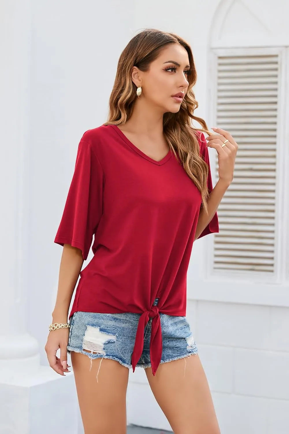 SUEANI Women's Tie Front Tops Summer V Neck 3/4 Bell Sleeve Twist Knot T Shirts