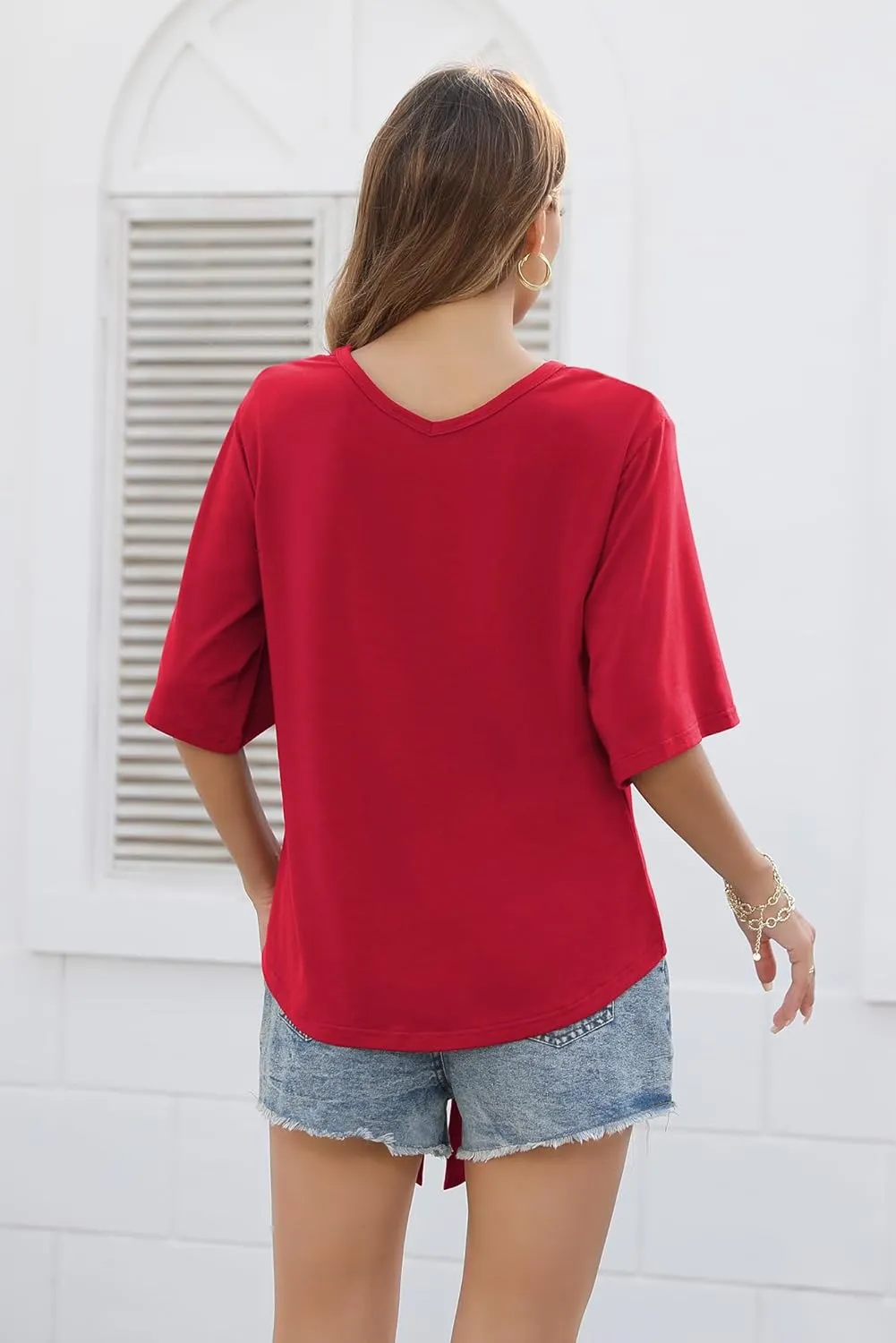 SUEANI Women's Tie Front Tops Summer V Neck 3/4 Bell Sleeve Twist Knot T Shirts